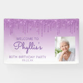 Aangepaste foto Paarse glitter Drip 80th Birthday Spandoek (Horizontaal)