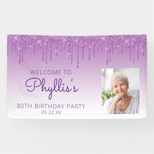 Aangepaste foto Paarse glitter Drip 80th Birthday Spandoek (Horizontaal)