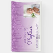 Aangepaste foto Paarse glitter Drip 80th Birthday Spandoek (Verticaal)