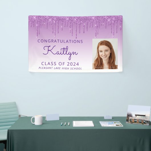 Aangepaste foto Paarse glitter Drip Afstuderen Spandoek (Beurs)