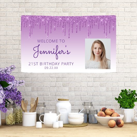 Aangepaste foto paarse glittersluier 21e verjaarda spandoek