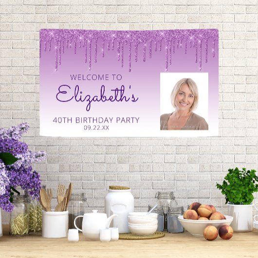 Aangepaste foto paarse glitterspetters 40e verjaar spandoek