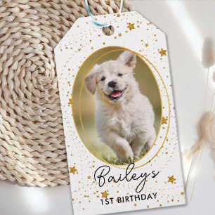 Aangepaste foto Pet Dog Birthday Gold Glitter Star Cadeaulabel