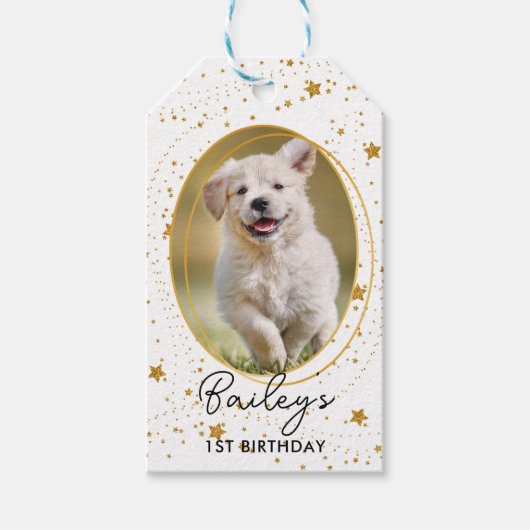 Aangepaste foto Pet Dog Birthday Gold Glitter Star Cadeaulabel (Voorkant)