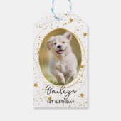 Aangepaste foto Pet Dog Birthday Gold Glitter Star Cadeaulabel (Achterkant)