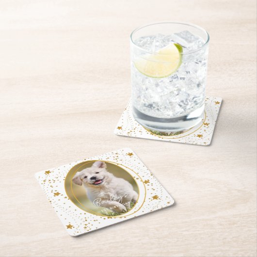 Aangepaste foto Pet Dog Birthday Gold Glitter Star Kartonnen Onderzetters (Insitu)