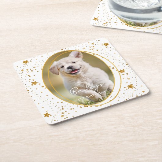 Aangepaste foto Pet Dog Birthday Gold Glitter Star Kartonnen Onderzetters (Schuin)