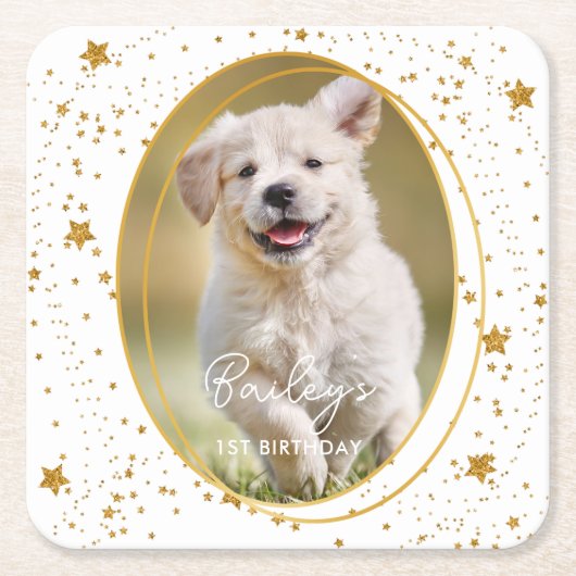 Aangepaste foto Pet Dog Birthday Gold Glitter Star Kartonnen Onderzetters (Voorkant)