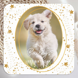 Aangepaste foto Pet Dog Birthday Gold Glitter Star Vierkante Sticker