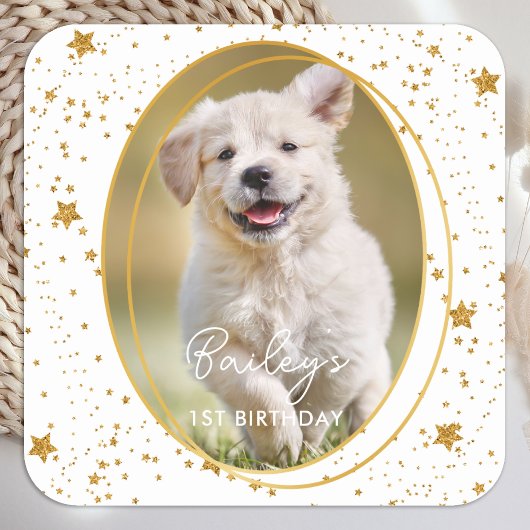 Aangepaste foto Pet Dog Birthday Gold Glitter Star Vierkante Sticker
