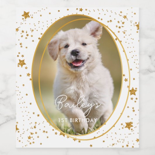 Aangepaste foto Pet Dog Birthday Gold Glitter Star Wijn Etiket (Enkel label)