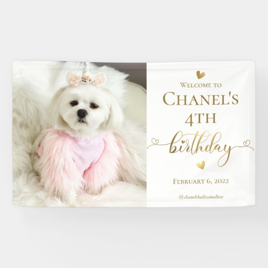 Aangepaste foto Pet Dog Birthday Typografie Gold Spandoek (Horizontaal)