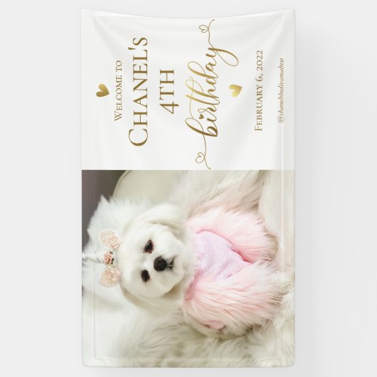 Aangepaste foto Pet Dog Birthday Typografie Gold Spandoek (Verticaal)