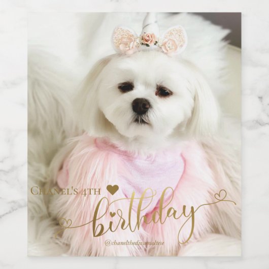 Aangepaste foto Pet Dog Birthday Typografie Gold Wijn Etiket (Enkel label)