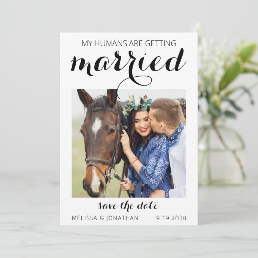 Aangepaste foto Pet Equestrian Wedding Save The Date (Staand voorkant)