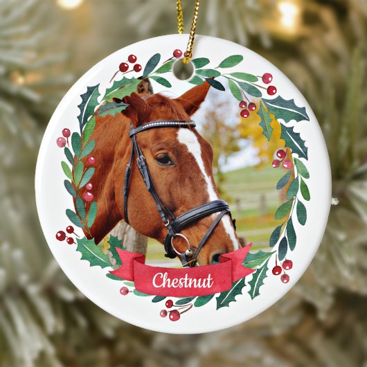 Aangepaste foto Pet Horse Waterverf met kerstmis Keramisch Ornament