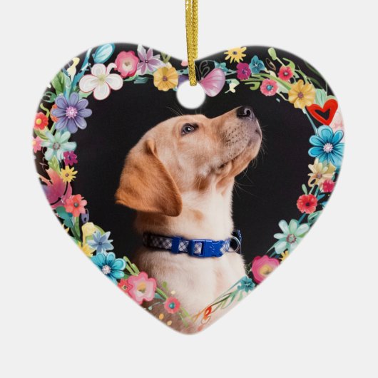 Aangepaste foto Pet Memorial Bloemen Blauw Hart Vo Keramisch Ornament (Voorkant)