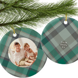 Aangepaste foto Plaid Groene Elegante Kerstvakanti Keramisch Ornament