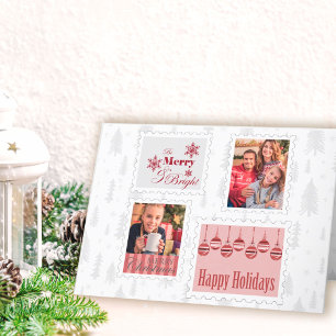 Aangepaste foto-postzegels en kerstboom feestdagen kaart