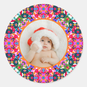 Aangepaste foto Prettig kerstfeest modern kleurrij Ronde Sticker