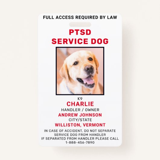 Aangepaste foto PTSD Service Dog ID Badge (Voorkant)