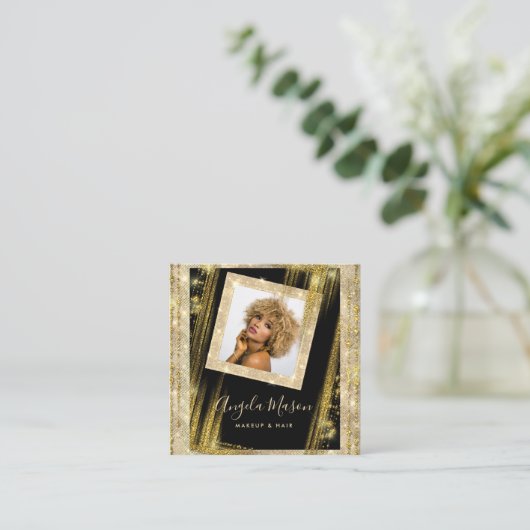 Aangepaste foto QR Code aanmaken Zwart goud Vierkante Visitekaartje (Staand voorkant)