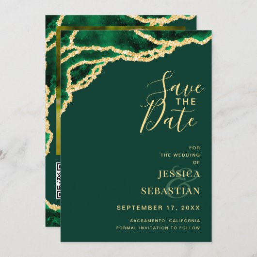 Aangepaste foto QR Code Emerald Green Agate Modern Save The Date (Voorkant / Achterkant)