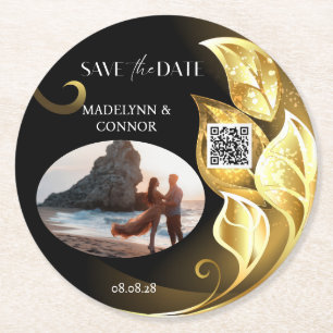 Aangepaste foto QR Code Golden Leaf Save the Date Ronde Kartonnen Onderzetter