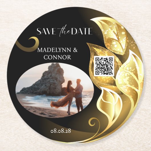 Aangepaste foto QR Code Golden Leaf Save the Date Ronde Kartonnen Onderzetter (Voorkant)