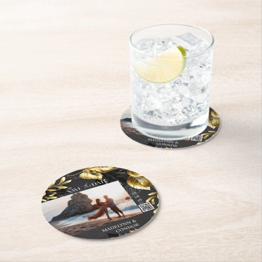 Aangepaste foto QR Code Grijs Golden Opslaan Datum Ronde Kartonnen Onderzetter (Insitu)