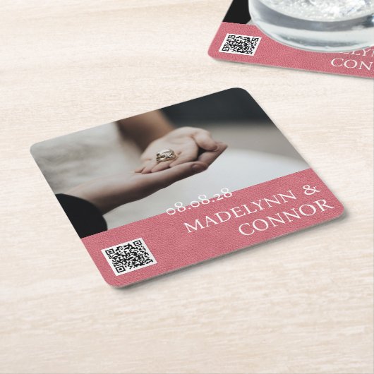 Aangepaste foto QR Code Roze leder Opslaan Datum Kartonnen Onderzetters (Schuin)