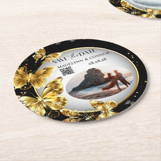 Aangepaste foto-QR-code vul de datum op Ronde Kartonnen Onderzetter (Gebogen)