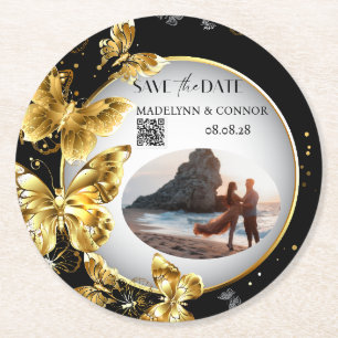 Aangepaste foto-QR-code vul de datum op Ronde Kartonnen Onderzetter