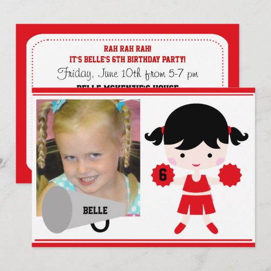 Aangepaste foto Red Cheerleader Birthday Invite Kaart (Voorkant / Achterkant)