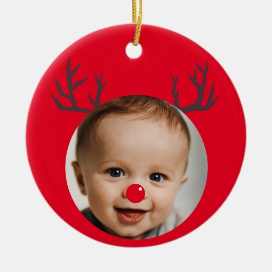 Aangepaste foto Rendier Baby's Eerste Kerstmis Keramisch Ornament (Voorkant)