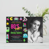 Aangepaste Foto Retro Neon 80's Verjaardagsfeest Kaart (Staand voorkant)