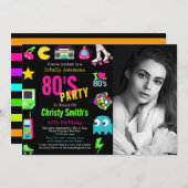 Aangepaste Foto Retro Neon 80's Verjaardagsfeest Kaart (Voorkant / Achterkant)