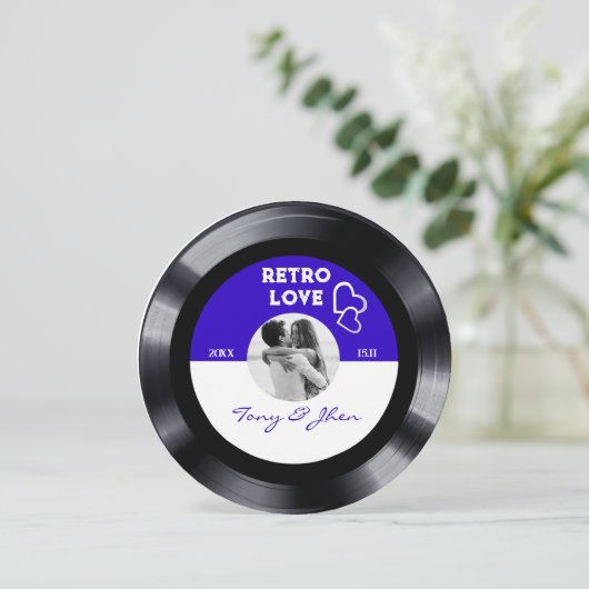 Aangepaste foto Retro Vinyl Record bruiloft uitnod Kaart (Staand voorkant)