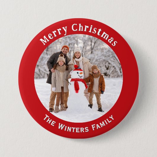 Aangepaste foto rode kerst geschenk naam ronde button 7,6 cm (Voorkant)