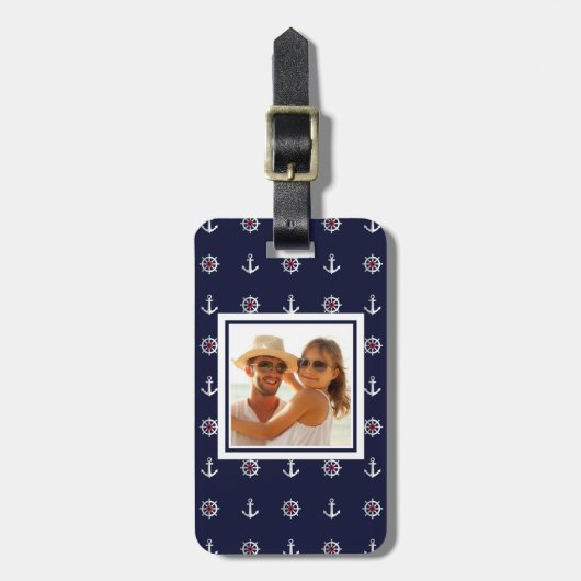 Aangepaste foto rood wit en blauw ankerpatroon bagagelabel (Voorkant verticaal)