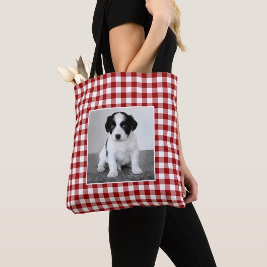 Aangepaste foto rood wit geruit patroon tote bag (Dichtbij)