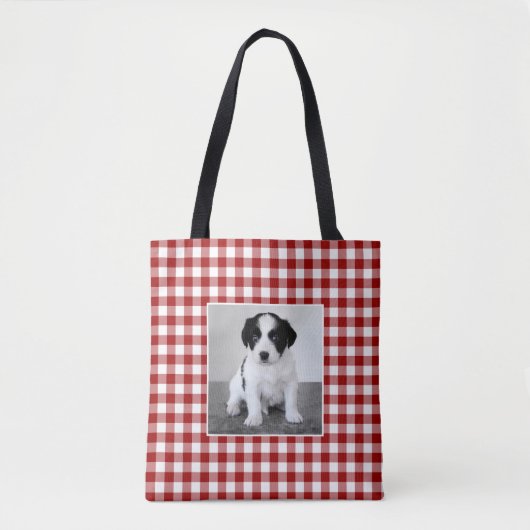 Aangepaste Foto Rood Wit Gingham Patroon Tote Bag (Voorkant)