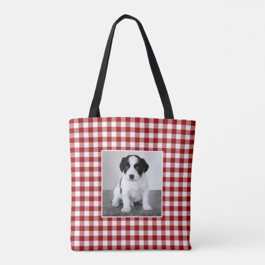 Aangepaste Foto Rood Wit Gingham Patroon Tote Bag (Achterkant)