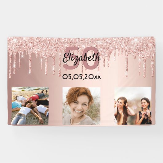 Aangepaste foto roos gouden roze glitter spandoek (Horizontaal)