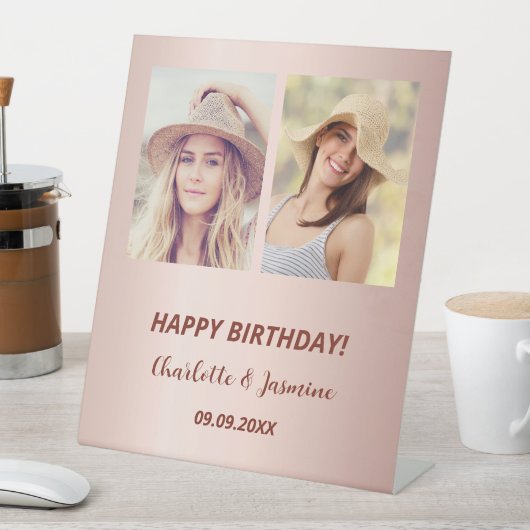 Aangepaste foto roos gouden vrienden verjaardag reclamebord met voetstuk (Insitu)
