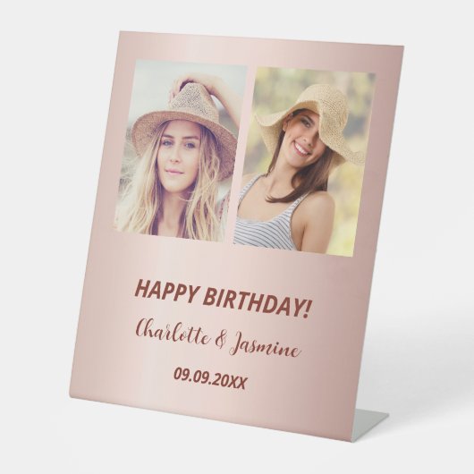 Aangepaste foto roos gouden vrienden verjaardag reclamebord met voetstuk (Voorkant)