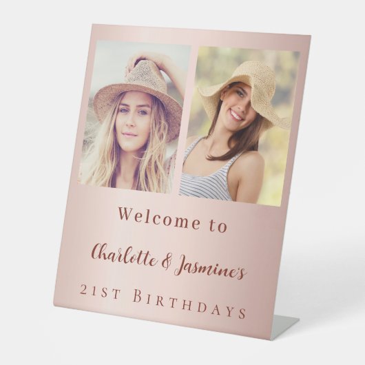 Aangepaste foto roos gouden vrienden verjaardagswe reclamebord met voetstuk (Voorkant)