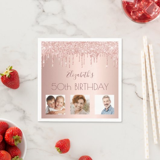 Aangepaste foto roos goudglitter roze servet (Insitu)