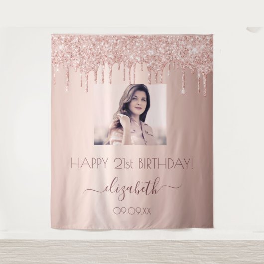 Aangepaste foto roos goudglitter roze wandkleed (Voorkant)