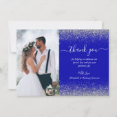 Aangepaste Foto Royal Blauw Zilveren Glitter Huwel Bedankkaart (Voorkant)